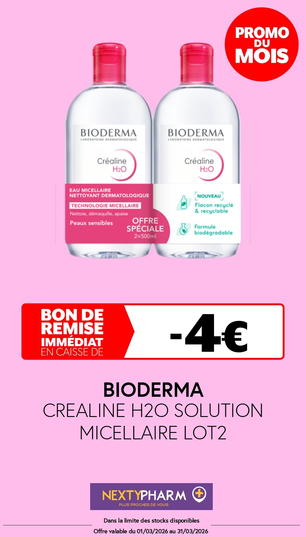Nos promotions - Pharmacie Tolbiac Bioderma Crealine H2O 500ml Copie