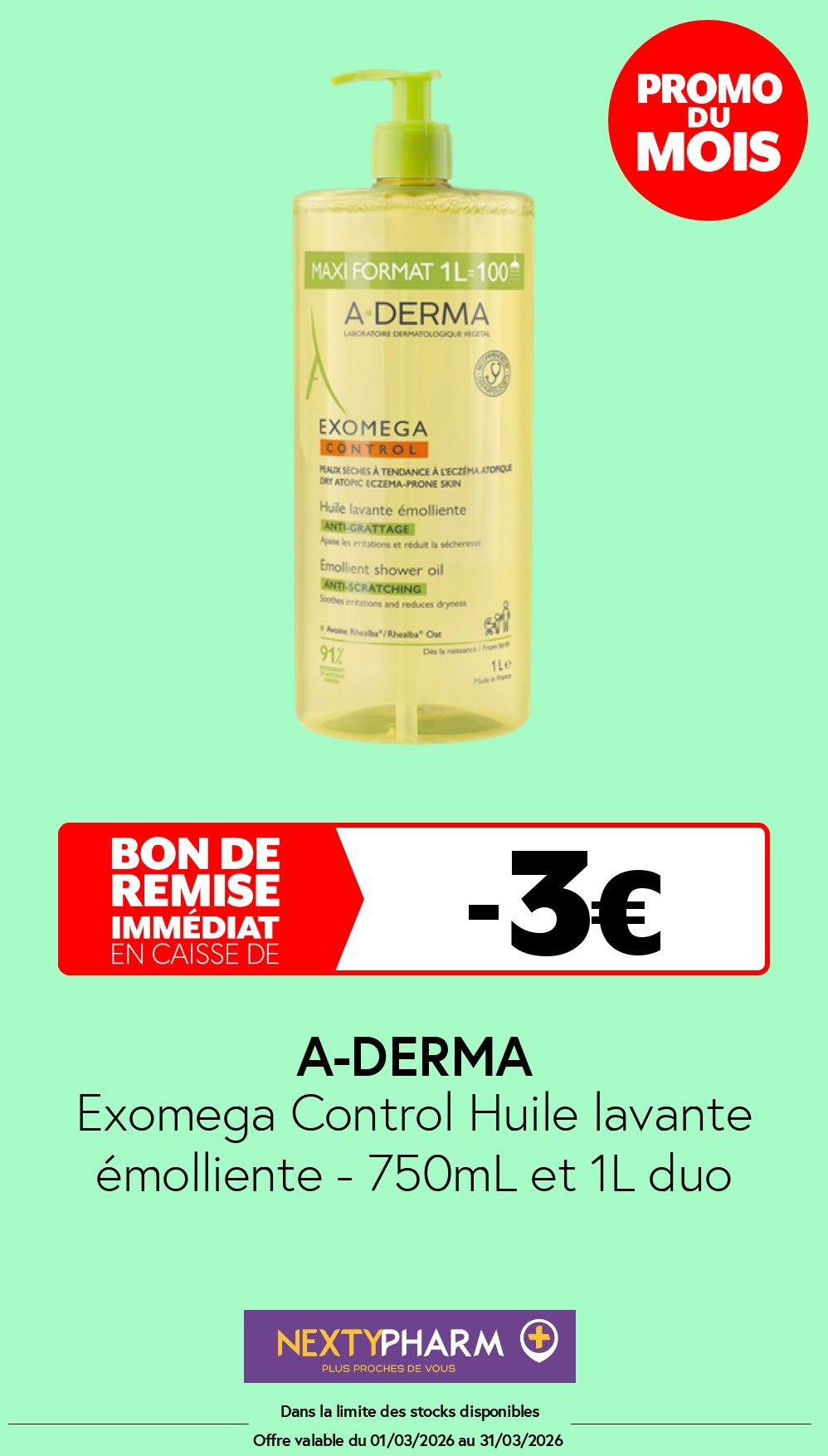Nos promotions - Pharmacie Tolbiac Exomega Control Huile lavante emolliente 75