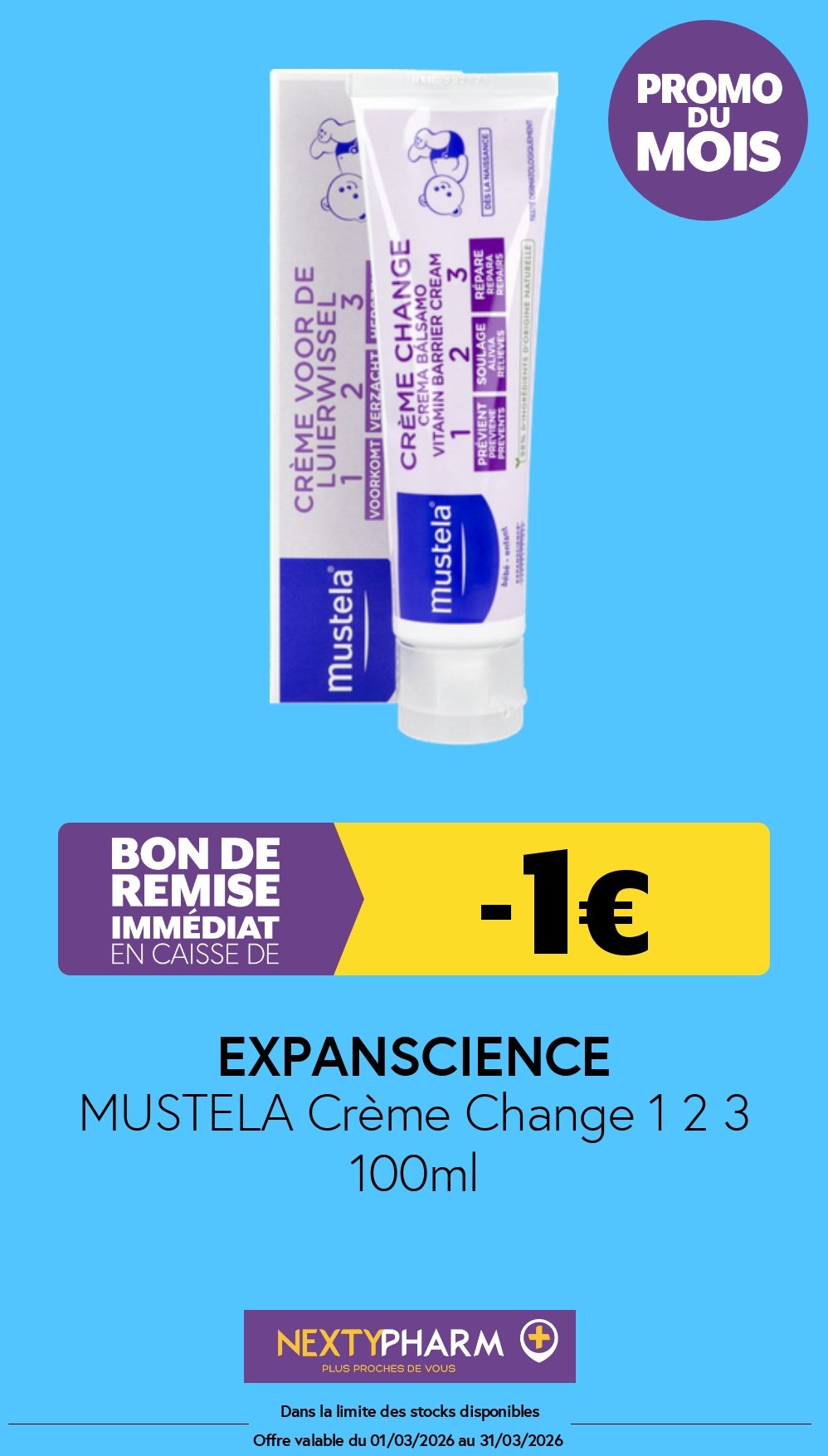 Nos promotions - Pharmacie Tolbiac MUSTELA Creme Change 1 2 3 100ml